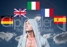 main language flags around man with jumper. Sky background