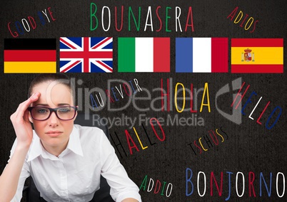main language flags over young woman with words in different languages around.
