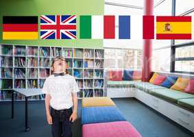 main language flags over boy in the school