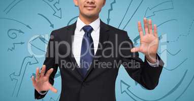 Business man with hands out against blue background with arrow graphics