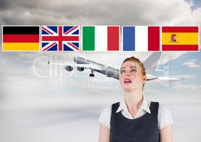 main language flags over businesswoman with plane behind