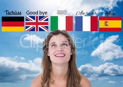 main language flags with words over young happy woman. Sky background
