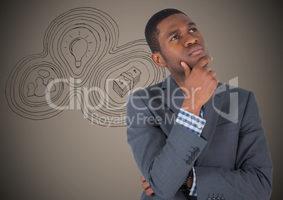 Business man thinking against brown background with business doodle