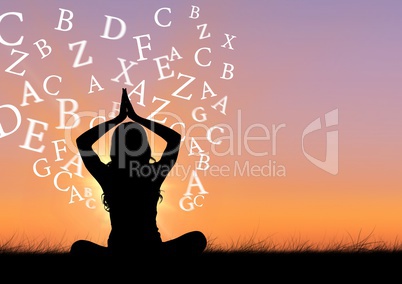 woman doing yoga silhouette with text around her