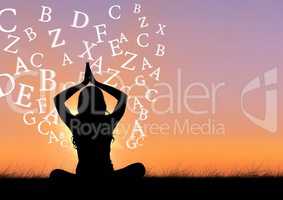 woman doing yoga silhouette with text around her