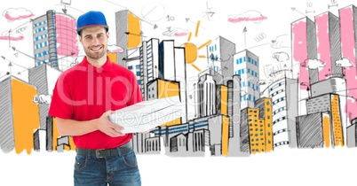 Digital composite image of pizza delivery man holding boxes standing against buildings