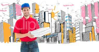 Digital composite image of pizza delivery man holding boxes standing against buildings