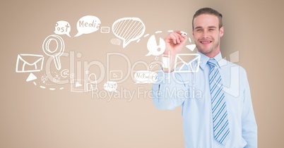 Digital image of businessman drawing symbols against beige background