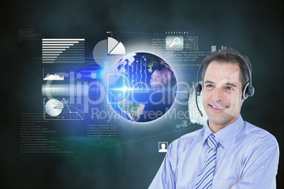 Businessman with hands free in front of digital mapworld