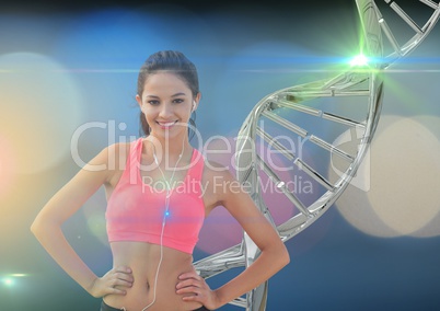 sporty woman with dna chain behind her. Blue lights background