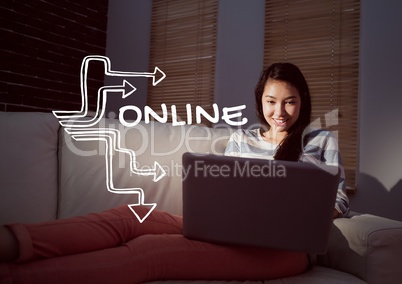 White online graphics and woman on couch with laptop