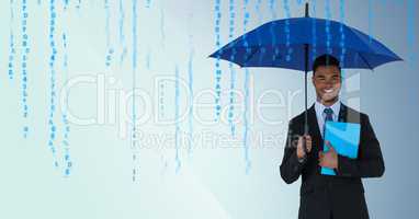 Business man with umbrella and blue book against blue background and blue code