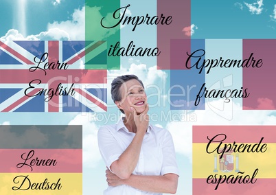 main language flags with words around  woman. Sky background.