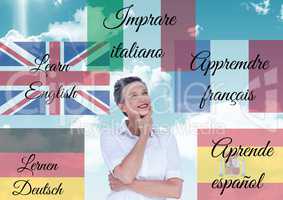 main language flags with words around  woman. Sky background.