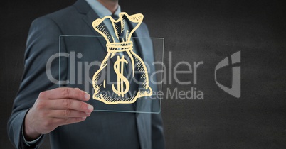 Business man mid section with glass device and yellow money doodle against grey wall