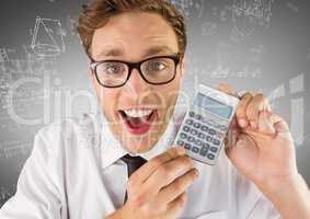 Man smiling with calculator against white math doodles and grey background