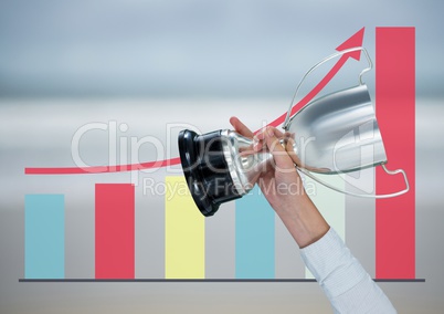 business hand with trophy.blue blurred background with graphic about grow up