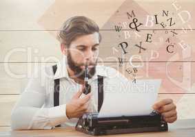 Hipster man  on typewriter with letters and wood
