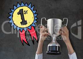 business hand with trophy, black background with graphic 1st position