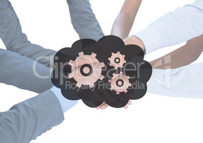 Business hands together behind grey cloud and gear graphic