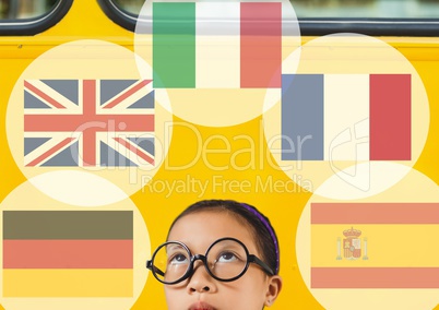 main language flags around girl. School bus background