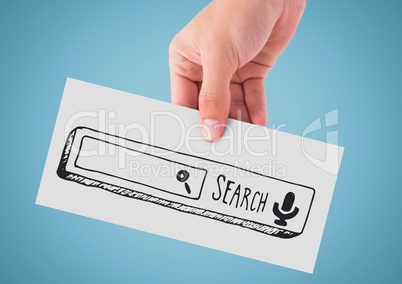 Hand with card showing grey search bar against blue background