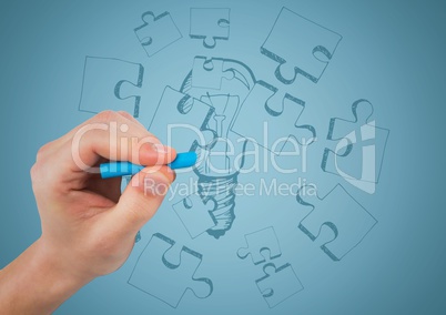 Hand drawing jigsaw doodle against blue background
