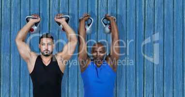2 fitness man with the wights with blue wood background