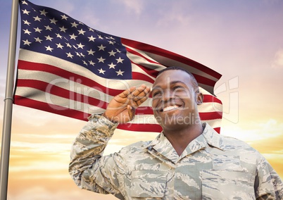 soldier in front of usa flag saluting