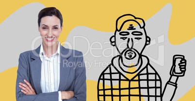 Business woman standing on with her arms crossed between a drawing of unkempt person