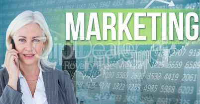 Digital composite image of businesswoman talking on phone standing by marketing text against graphs