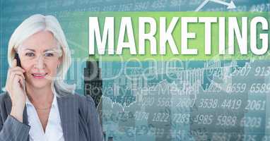 Digital composite image of businesswoman talking on phone standing by marketing text against graphs
