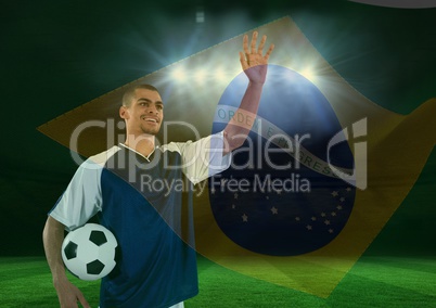 soccer player weaving at the fans .superimpose with flag