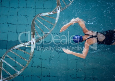 woman swimming with dna chain