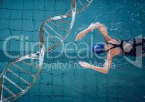 woman swimming with dna chain
