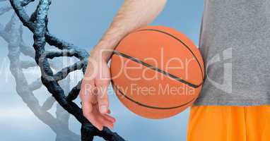 Basketball player with stone dna chain with a blue background