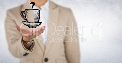 Business woman mid section with hand out and coffee graphic against white background Business woman mid section with hand out and coffee graphic against white background