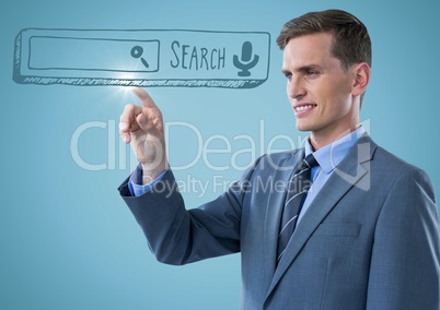 Business man touching blue search bar with flare against blue background