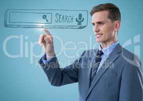 Business man touching blue search bar with flare against blue background