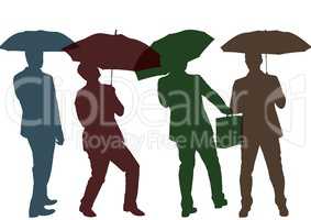Businessman with umbrella silhouettes in dark colors. White background