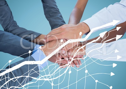 Business hands together behind white graph and against blue background