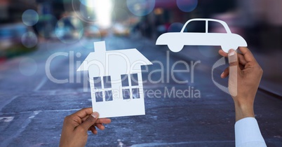 Cut outs house and car on street
