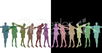 Woman spinning silhouettes. Half in dark colors with white back and an other half in light colors wi