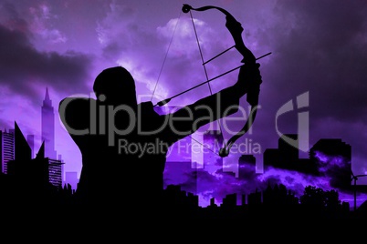 Shadow of archery player in front of purple sky background