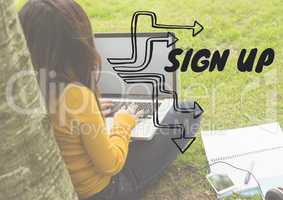 Sign up text against woman with laptop under tree with white overlay