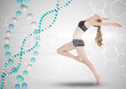 woman dancing with blue dna chain