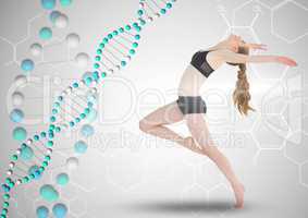 woman dancing with blue dna chain