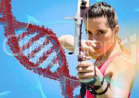 Archer woman with red and blue dna chain against blue background and blue and orange lights