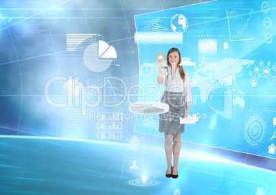 Young woman in a futuristic room with a white interface