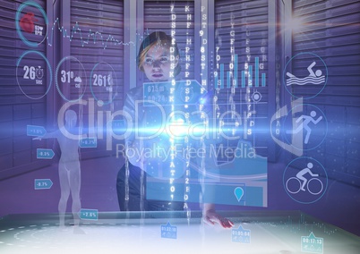futuristic room interface with graphic about sports and human body. Young woman